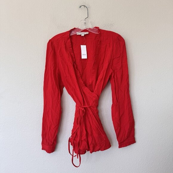 Loft Wrap Top Womens Medium Red New With Tag V Neck Ruffle Beach - Picture 7 of 9